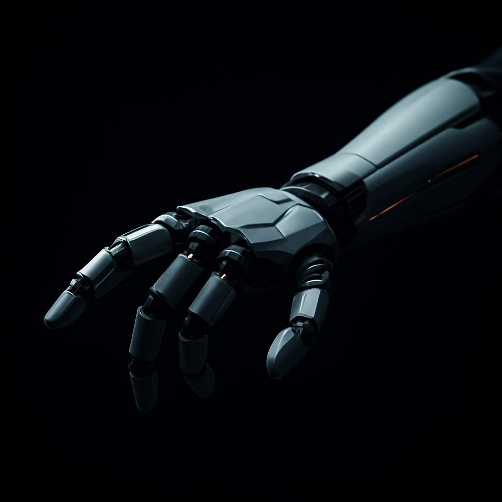 An articulated humanoid robot hand reaching forward