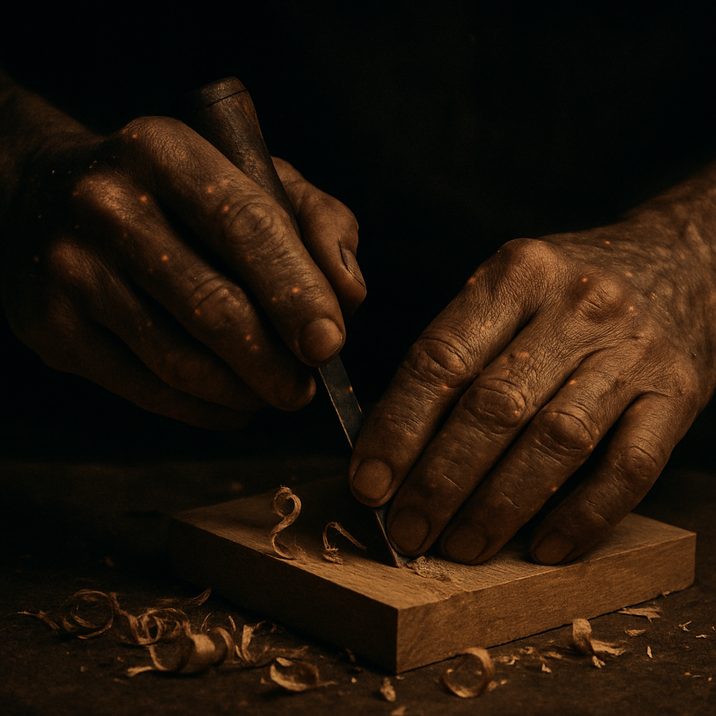 A woodworker's hands carving with a chisel